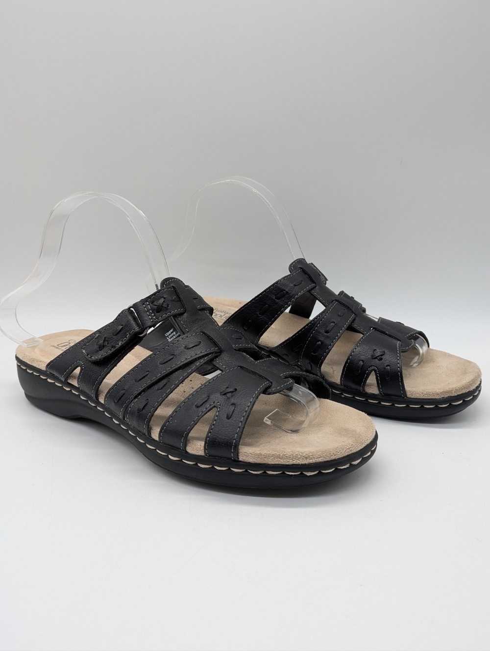 Croft & Barrow Black Faux Leather Fugue Strappy Wedge Slip On Sandal 8.5